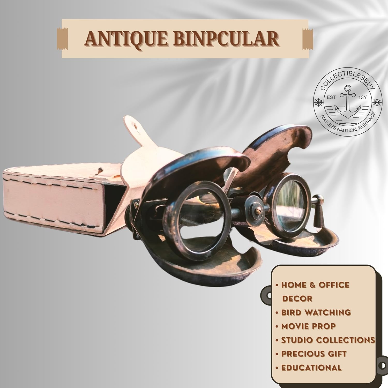 Folding Brass Binocular with Cream Leather Case view 4