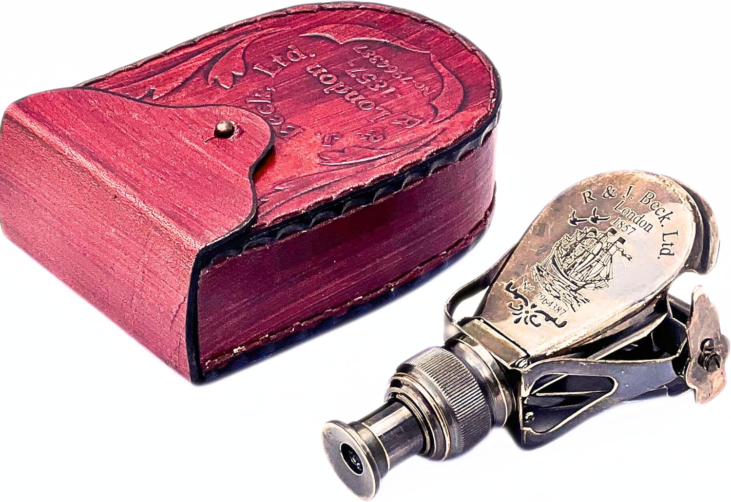 Folding Brass Monocular with Red Leather Case view 8