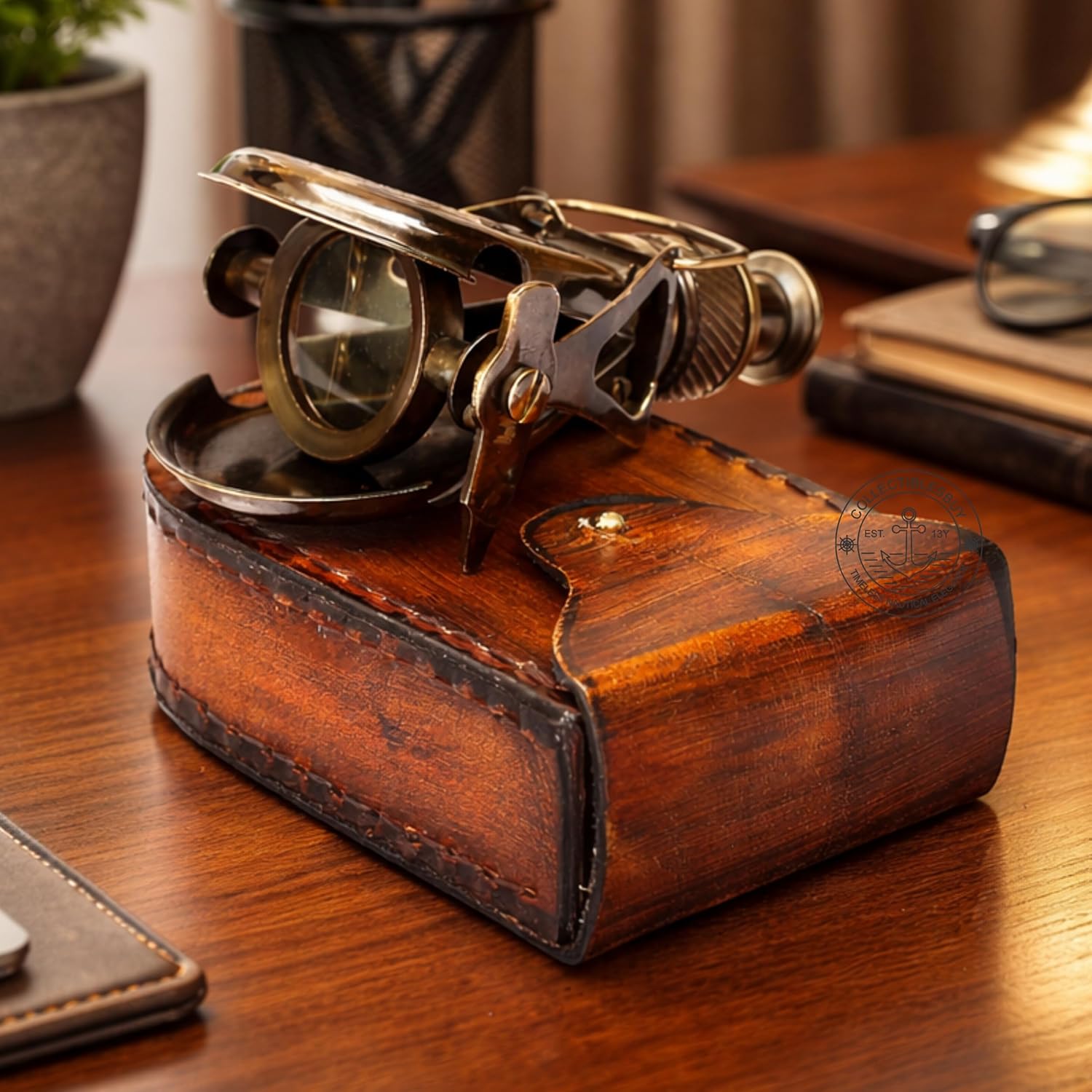 Folding Brass Monocular with Red Leather Case view 9