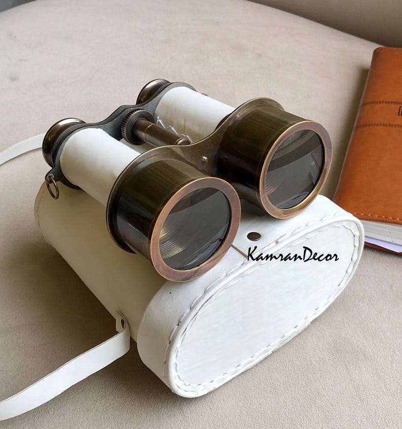 Antique Brass Binocular with White Leather Wrap and Case view 2