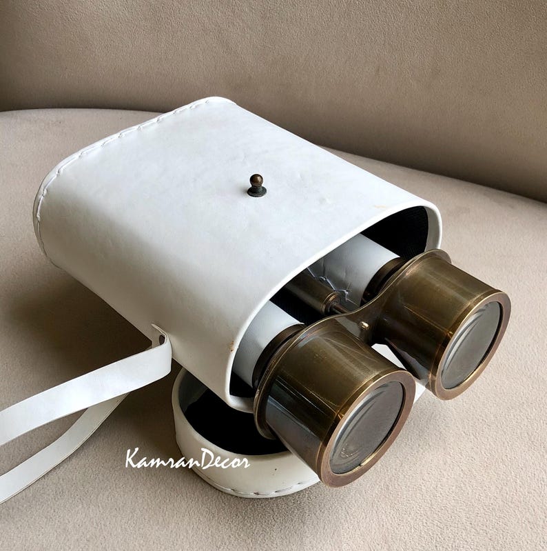 Antique Brass Binocular with White Leather Wrap and Case view 4