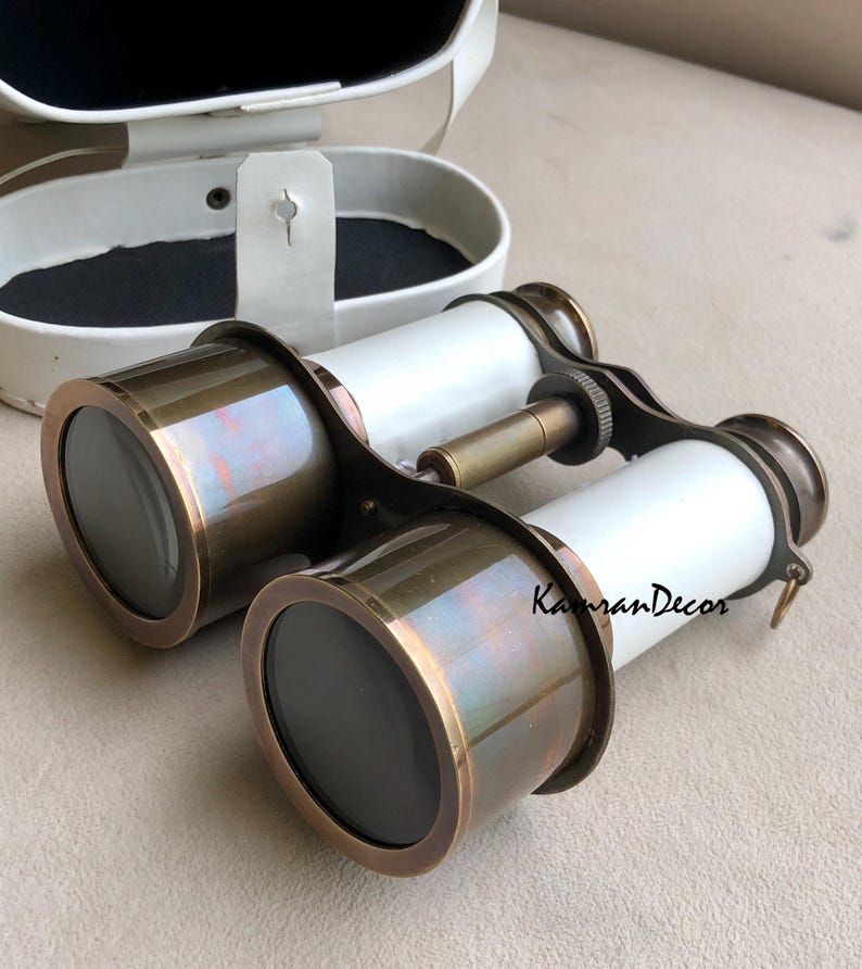 Antique Brass Binocular with White Leather Wrap and Case view 9