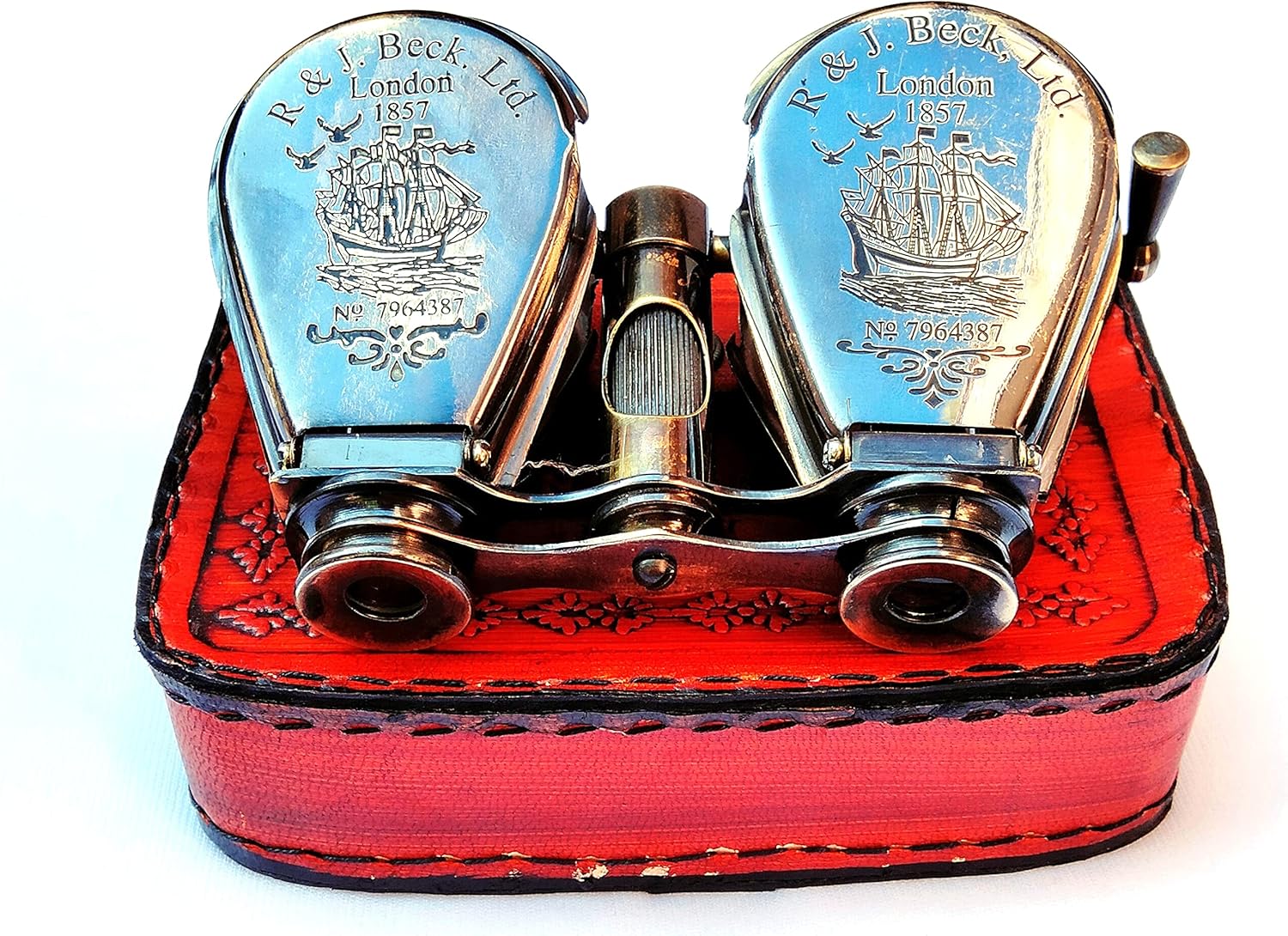 Folding Brass Binocular with Red Leather Case view 2