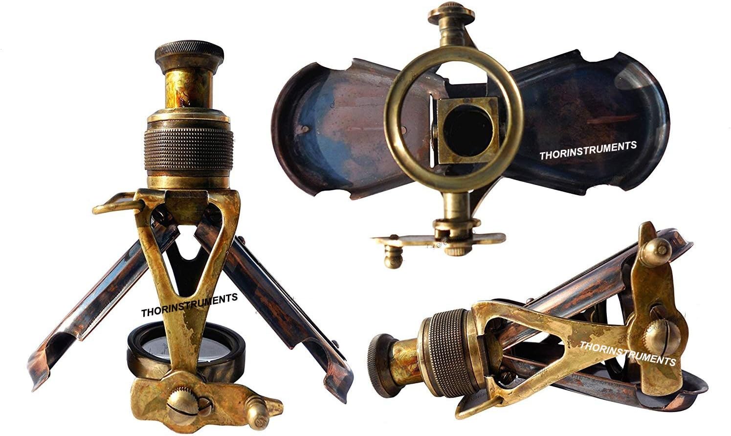 Folding Brass Monocular with Green Leather Case view 3