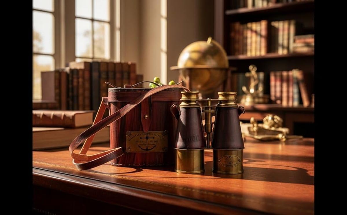 Polished Brass Binocular with Dark Brown Leather Wrap and Case view 3