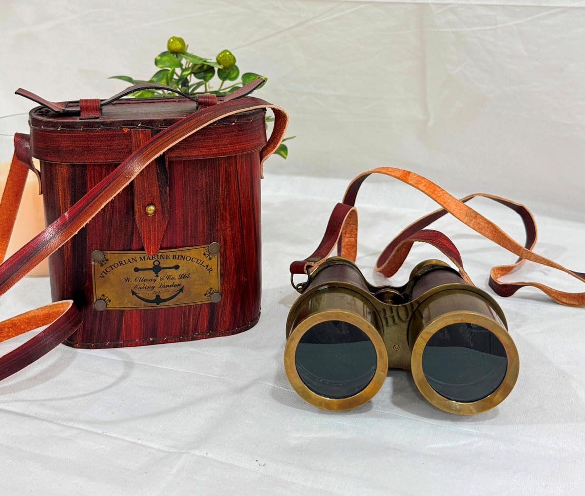 Polished Brass Binocular with Dark Brown Leather Wrap and Case view 5