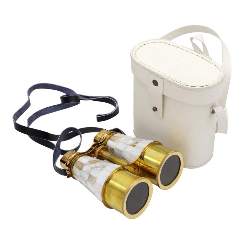 Mother-of-Pearl Brass Binocular with White Leather Case view 2