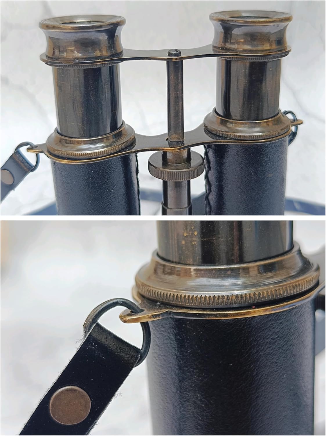 Antique Brass Marine Binocular with Black Leather Wrap and Belt view 9