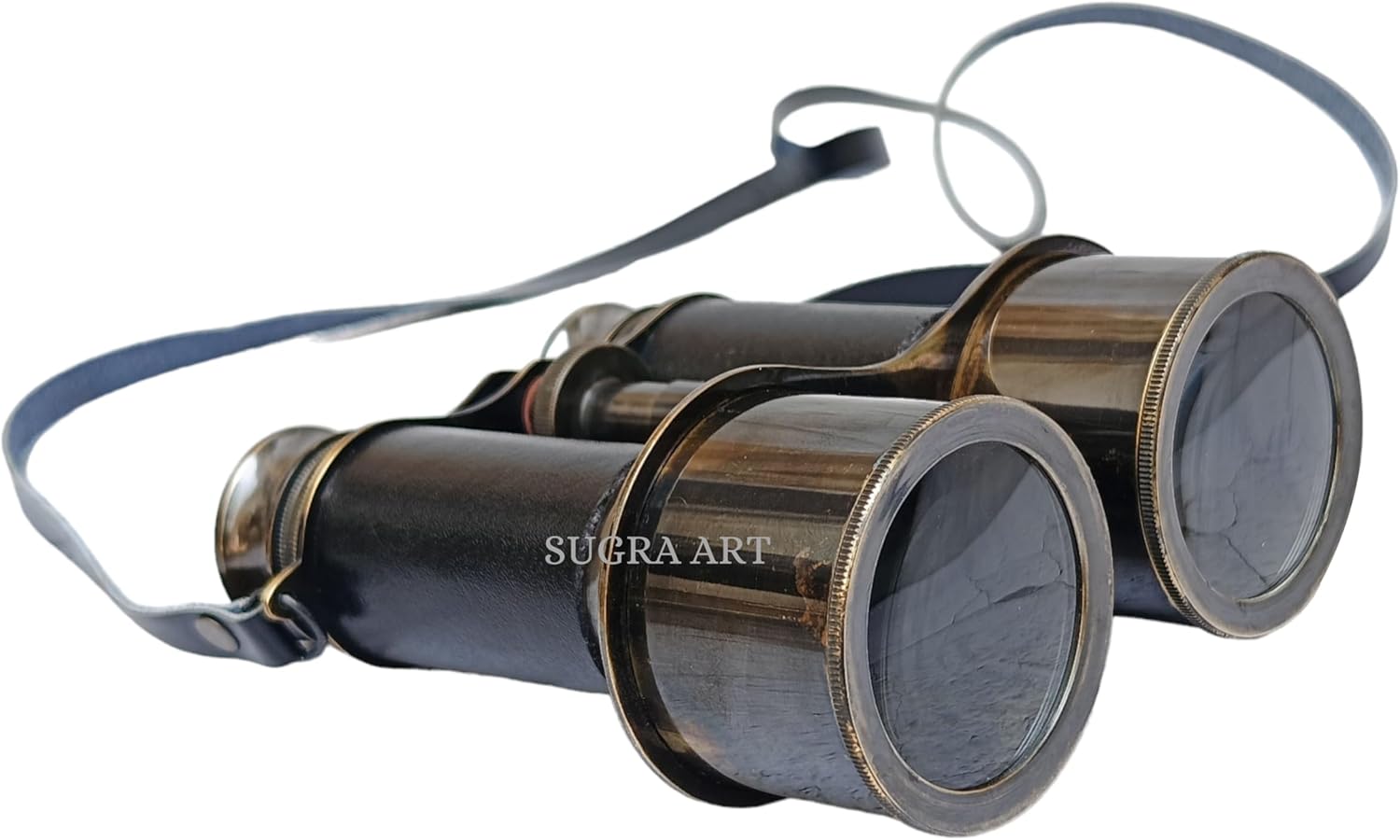 Antique Brass Marine Binocular with Black Leather Wrap and Belt view 10