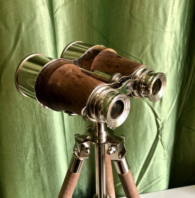 Brass Binocular with Brown Leather Wrap and Matching Tripod Stand view 7