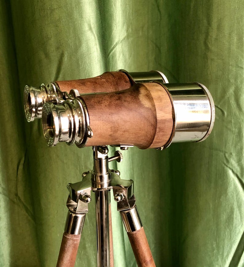 Brass Binocular with Brown Leather Wrap and Matching Tripod Stand view 8