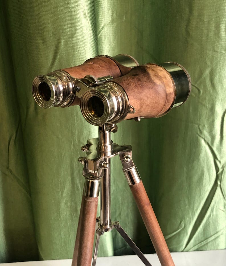 Brass Binocular with Brown Leather Wrap and Matching Tripod Stand view 9