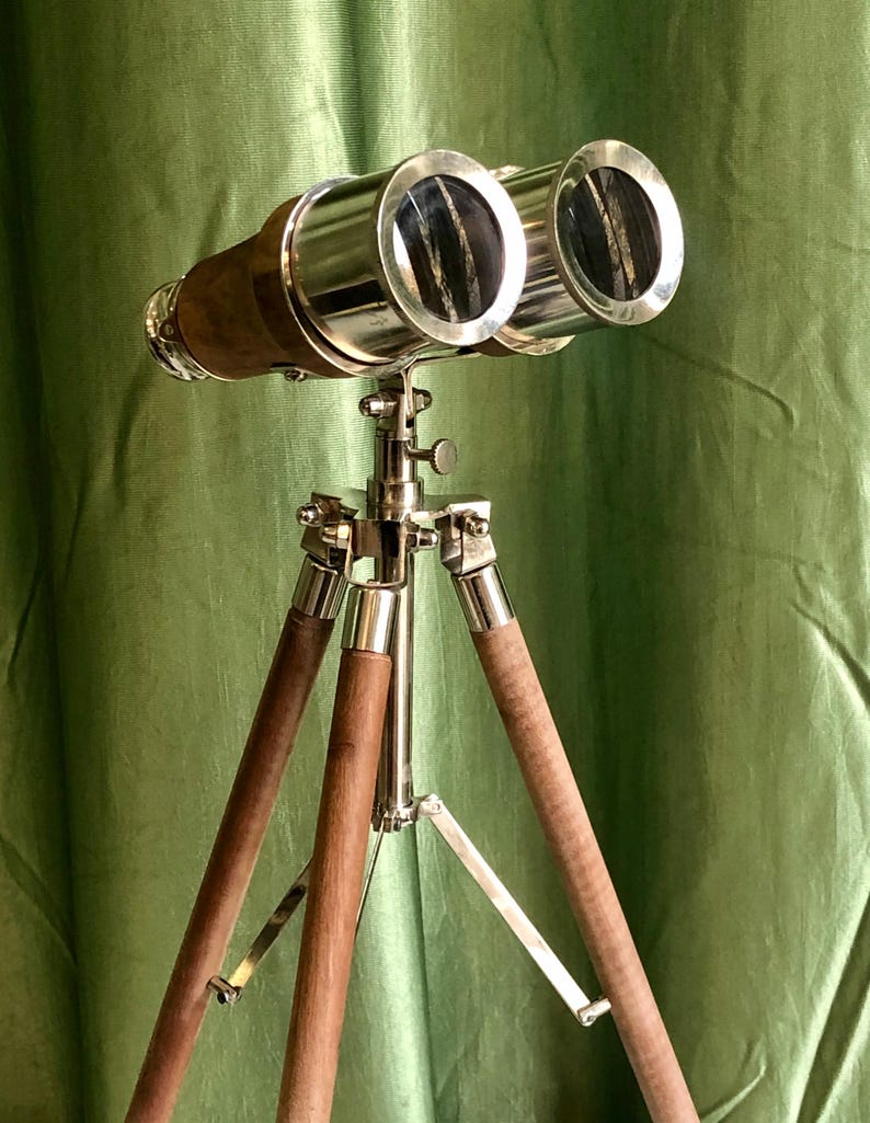 Brass Binocular with Brown Leather Wrap and Matching Tripod Stand view 10