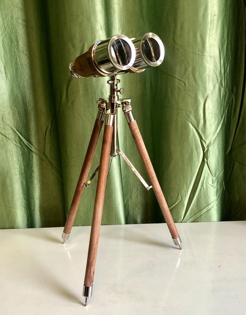 Brass Binocular with Brown Leather Wrap and Matching Tripod Stand view 11