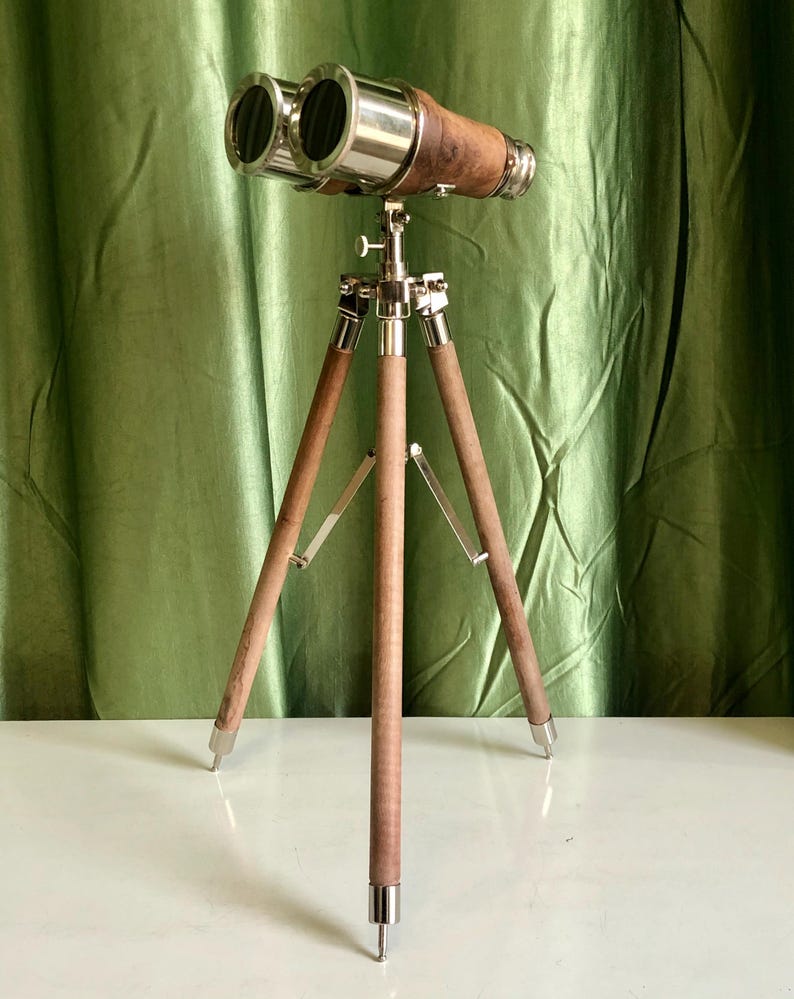 Brass Binocular with Brown Leather Wrap and Matching Tripod Stand view 12