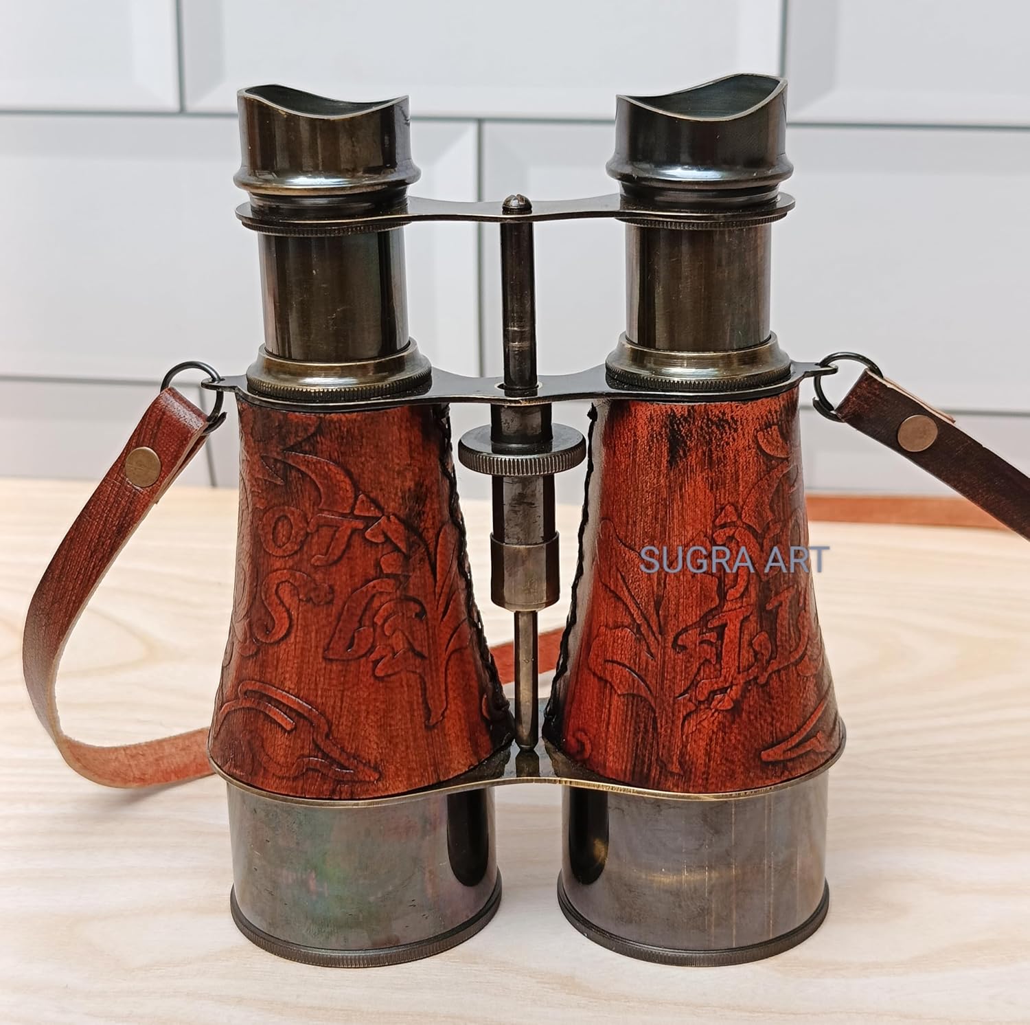 Antique Brass Binocular with Red Leather Wrap and Engraved Case view 2