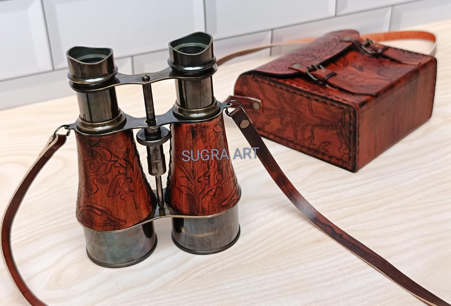 Antique Brass Binocular with Red Leather Wrap and Engraved Case view 3