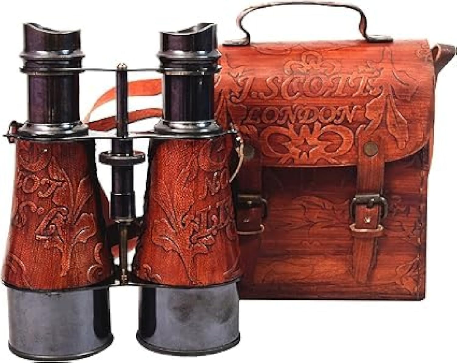 Antique Brass Binocular with Red Leather Wrap and Engraved Case view 4