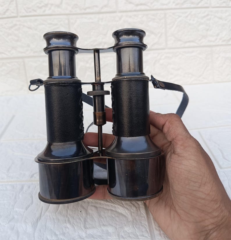All Black Leather Wrapped Brass Binocular with Leather Case and Belt view 7