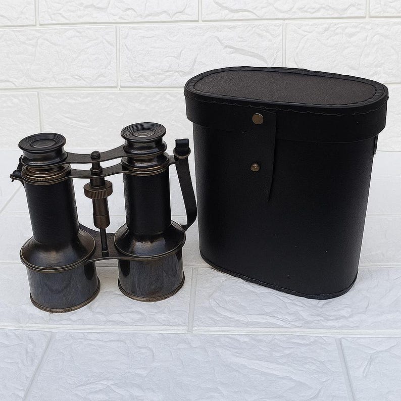All Black Leather Wrapped Brass Binocular with Leather Case and Belt view 11