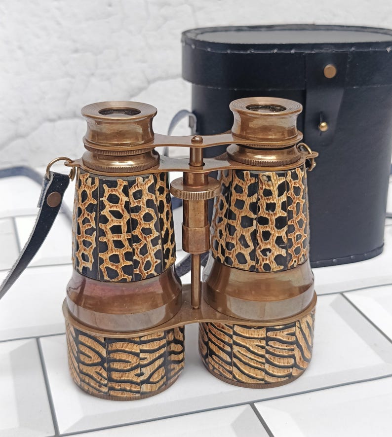 Mother-of-Pearl Brass Binocular with Black Leather Case and Belt view 2