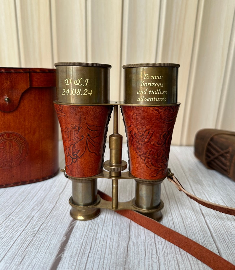 Antique Brass Binocular with Red Engraved Leather Wrap and Case view 3