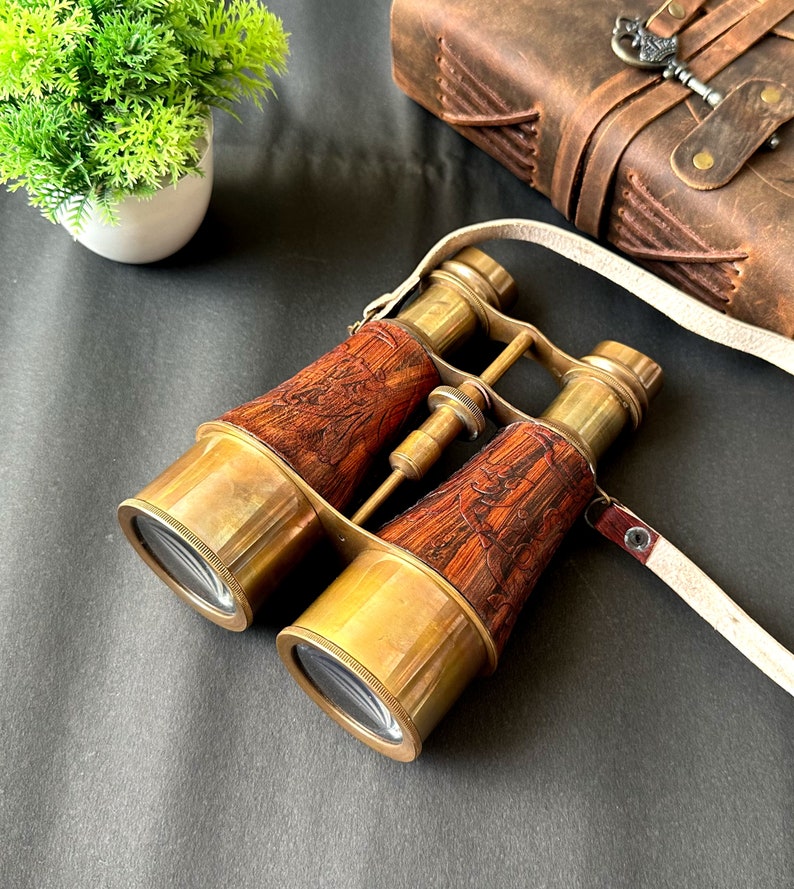 Antique Brass Binocular with Red Engraved Leather Wrap and Case view 4