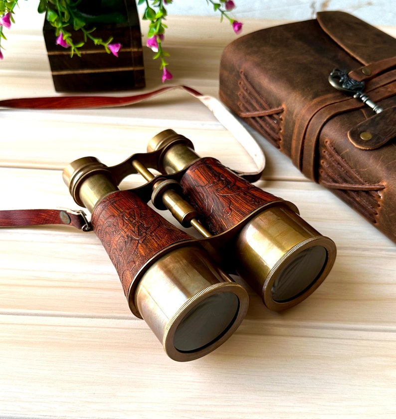 Antique Brass Binocular with Red Engraved Leather Wrap and Case view 6
