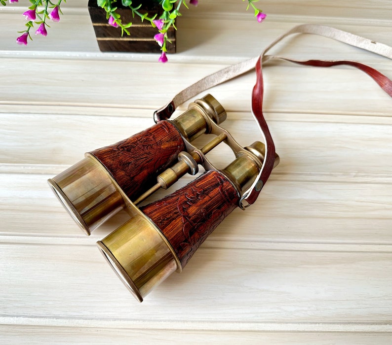 Antique Brass Binocular with Red Engraved Leather Wrap and Case view 7