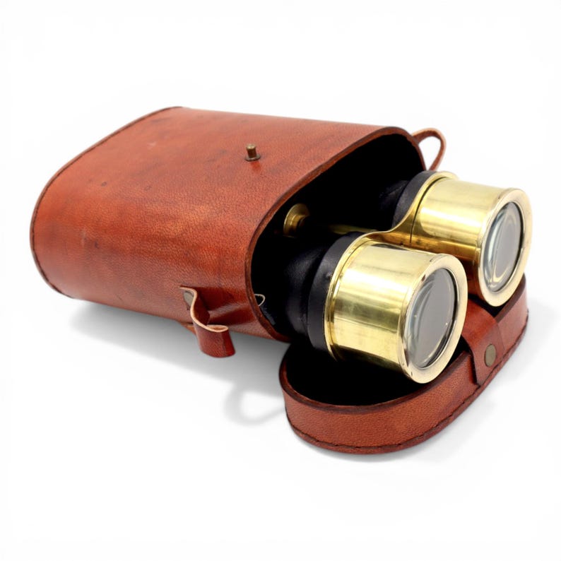 Black Leather Wrapped Brass Binocular with Red Leather Case view 2