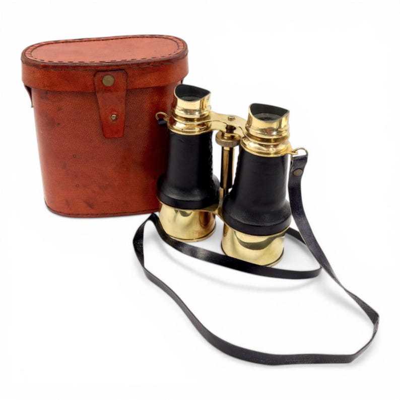 Black Leather Wrapped Brass Binocular with Red Leather Case view 5