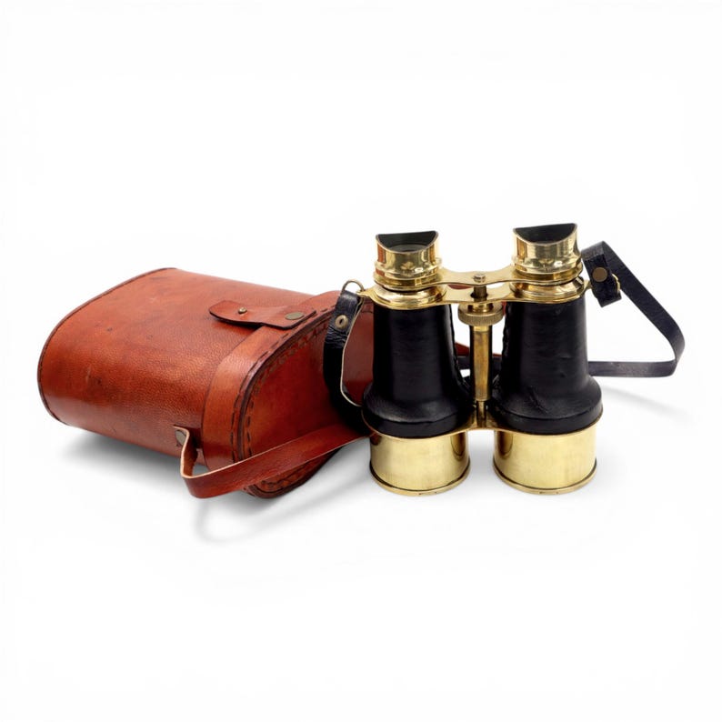 Black Leather Wrapped Brass Binocular with Red Leather Case view 6