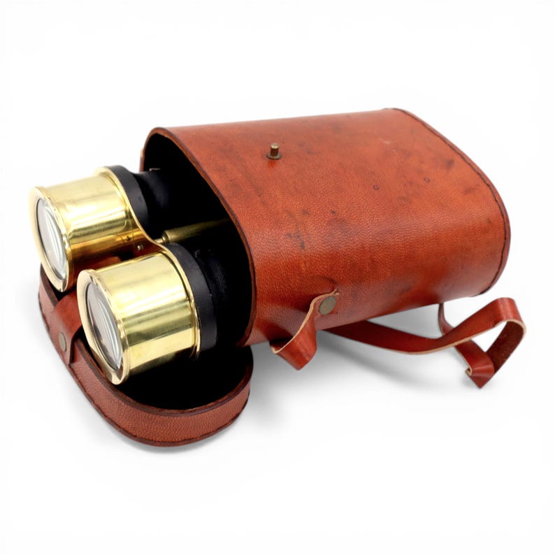 Black Leather Wrapped Brass Binocular with Red Leather Case view 7