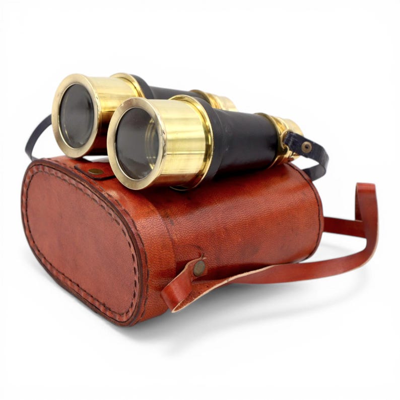 Black Leather Wrapped Brass Binocular with Red Leather Case view 8
