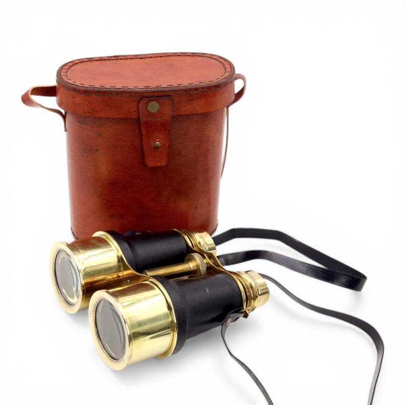 Black Leather Wrapped Brass Binocular with Red Leather Case view 12