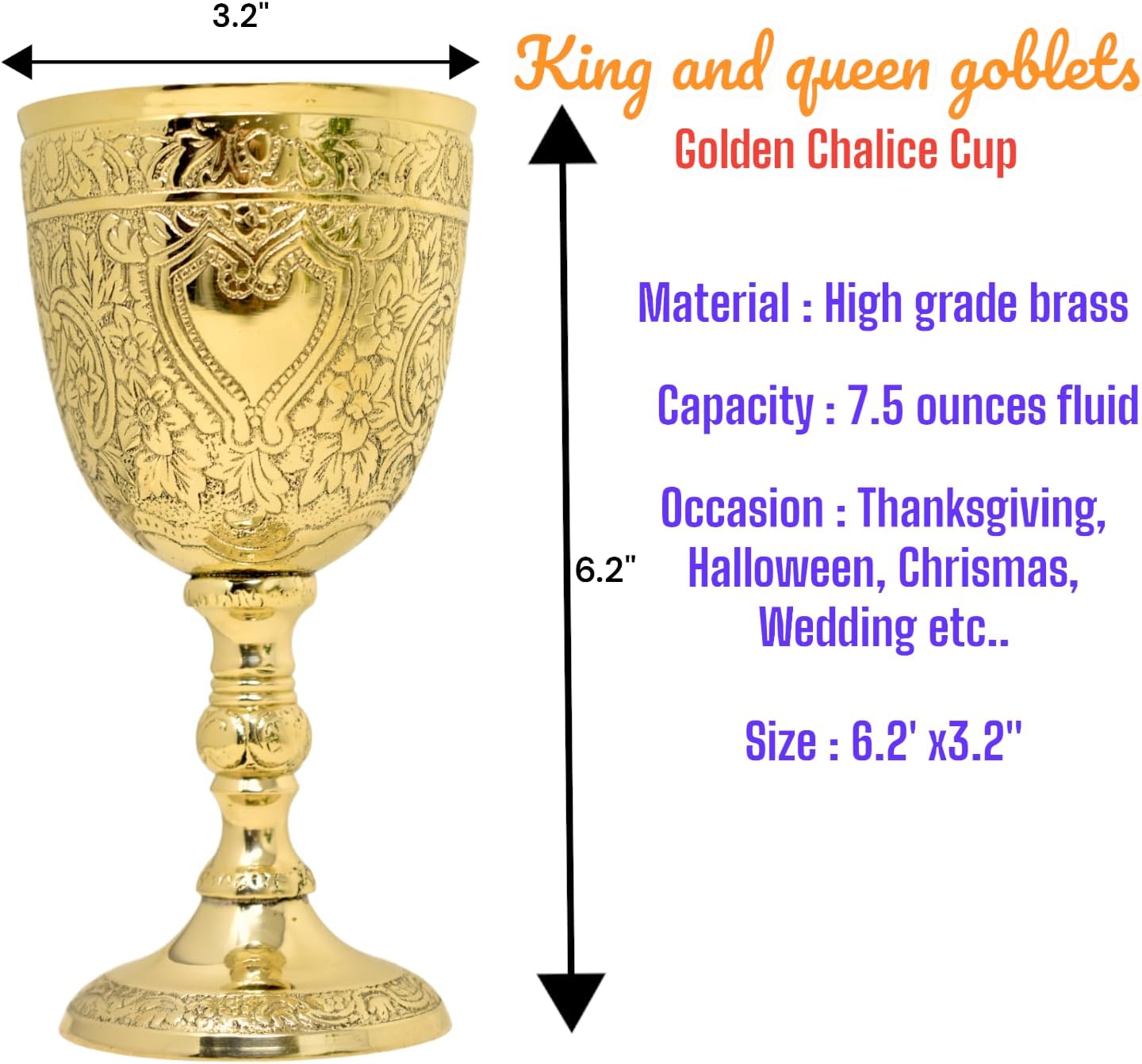 Solid Brass Roman Embossed Goblet Set of Three view 3