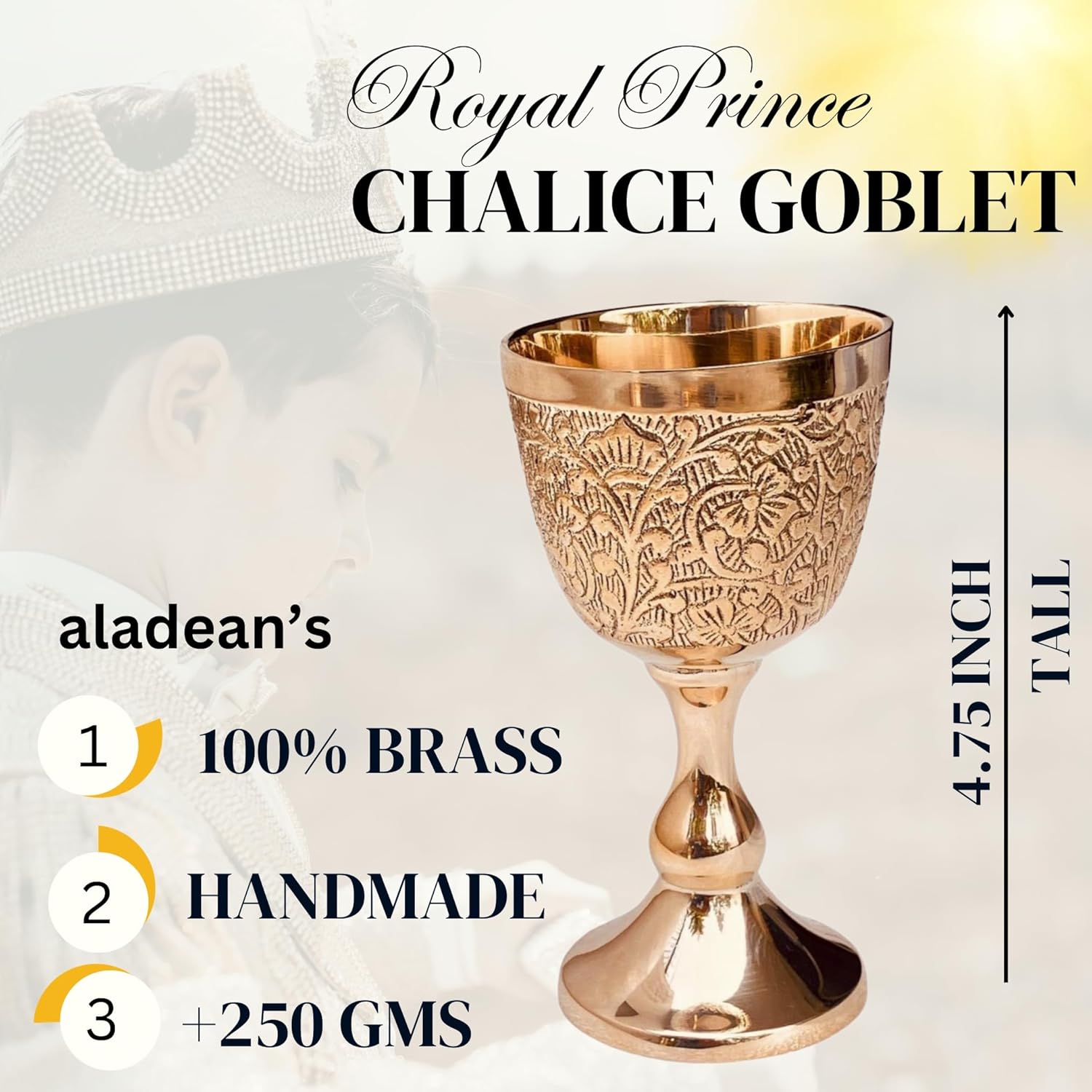 Solid Brass Goblet with Prince Embossed Design view 2
