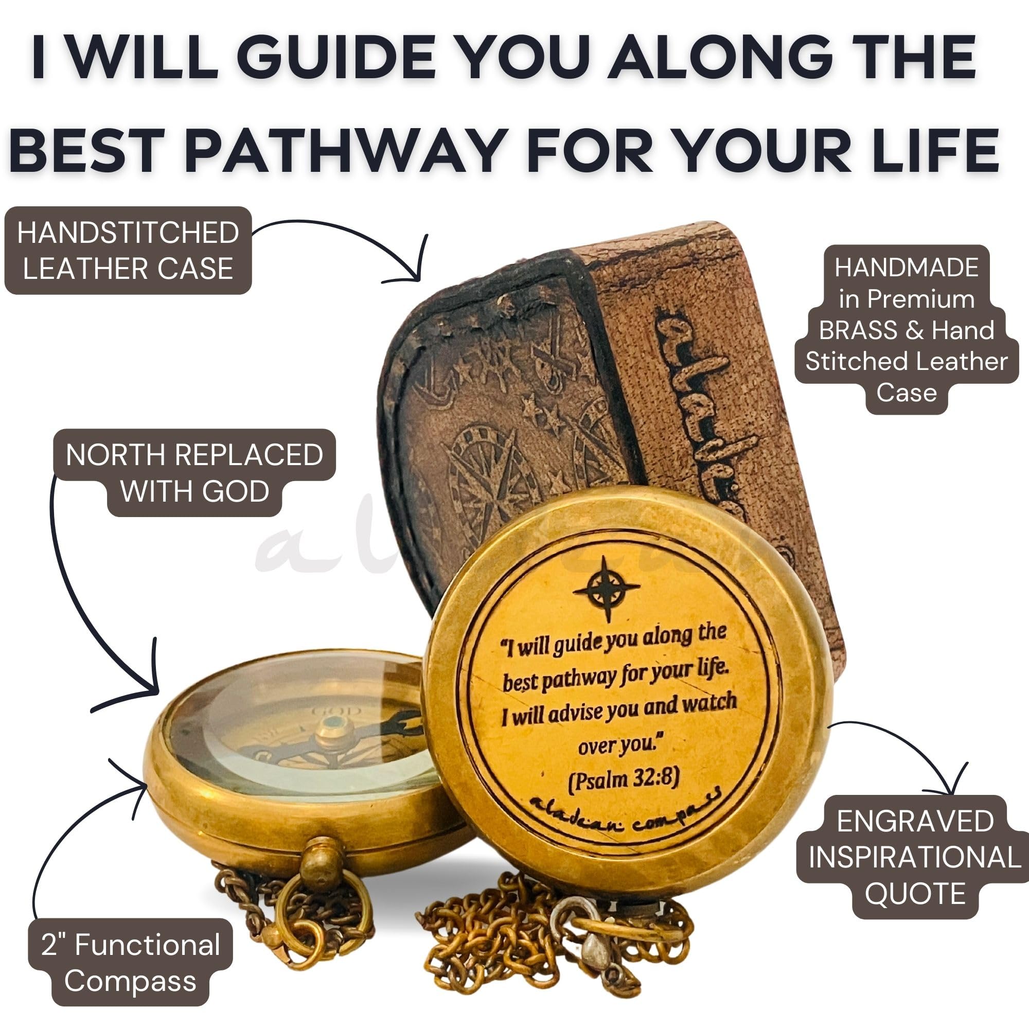 Psalm 32:8 Compass, Leather Case view 3