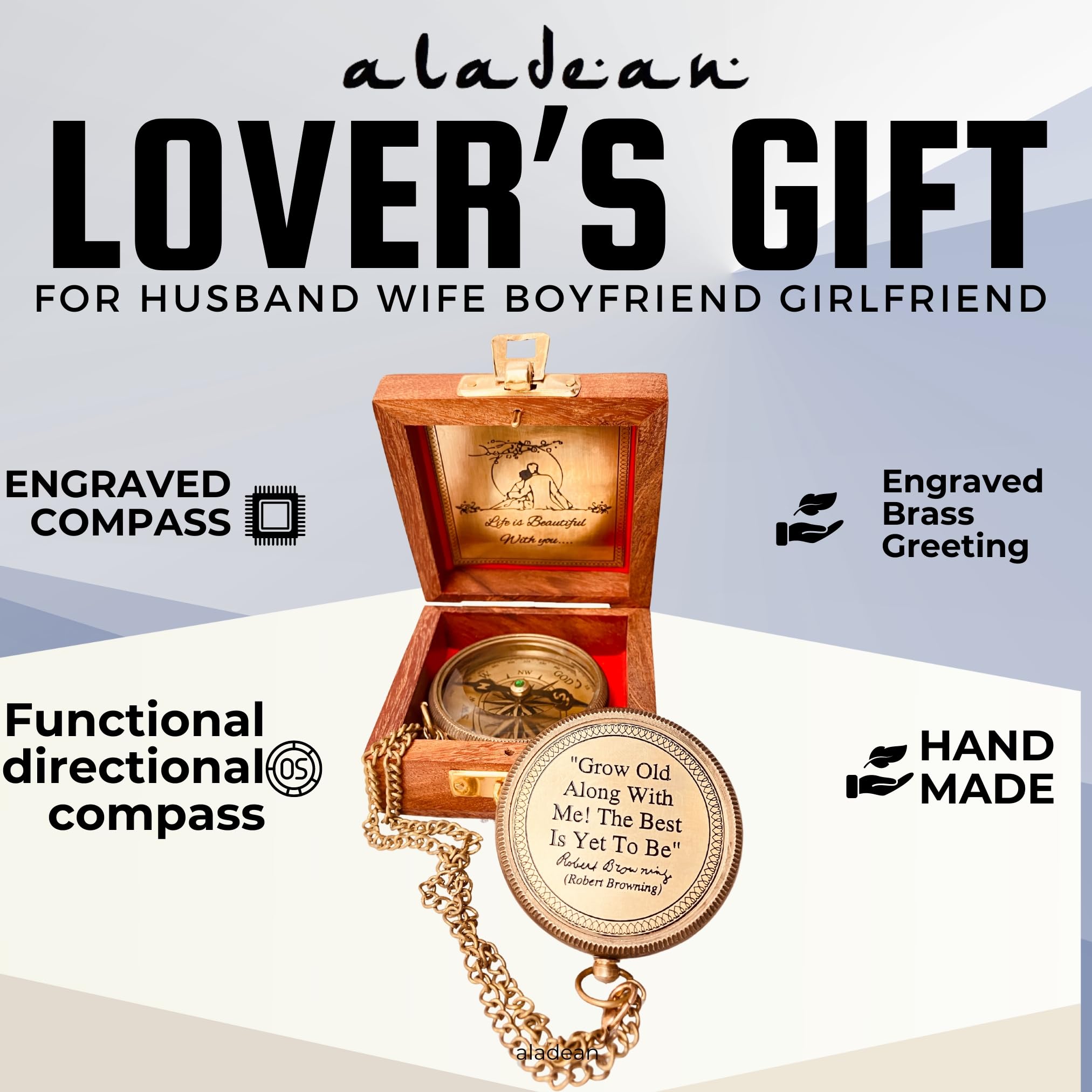 Robert Browning Quote Compass, Wooden Box view 3