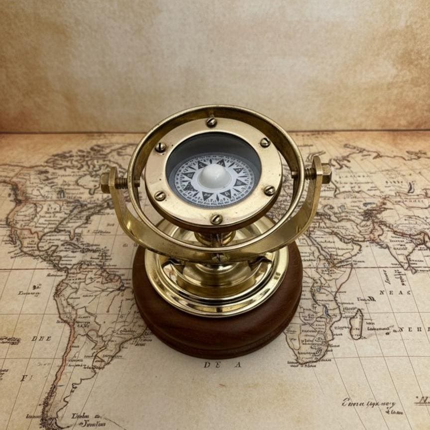 Gimbal Compass on Wooden Base view 2
