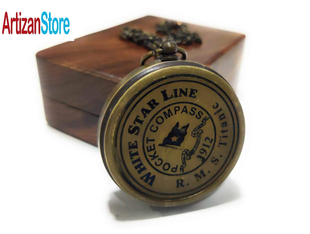 Antique Finish Compass, Wooden Box view 2