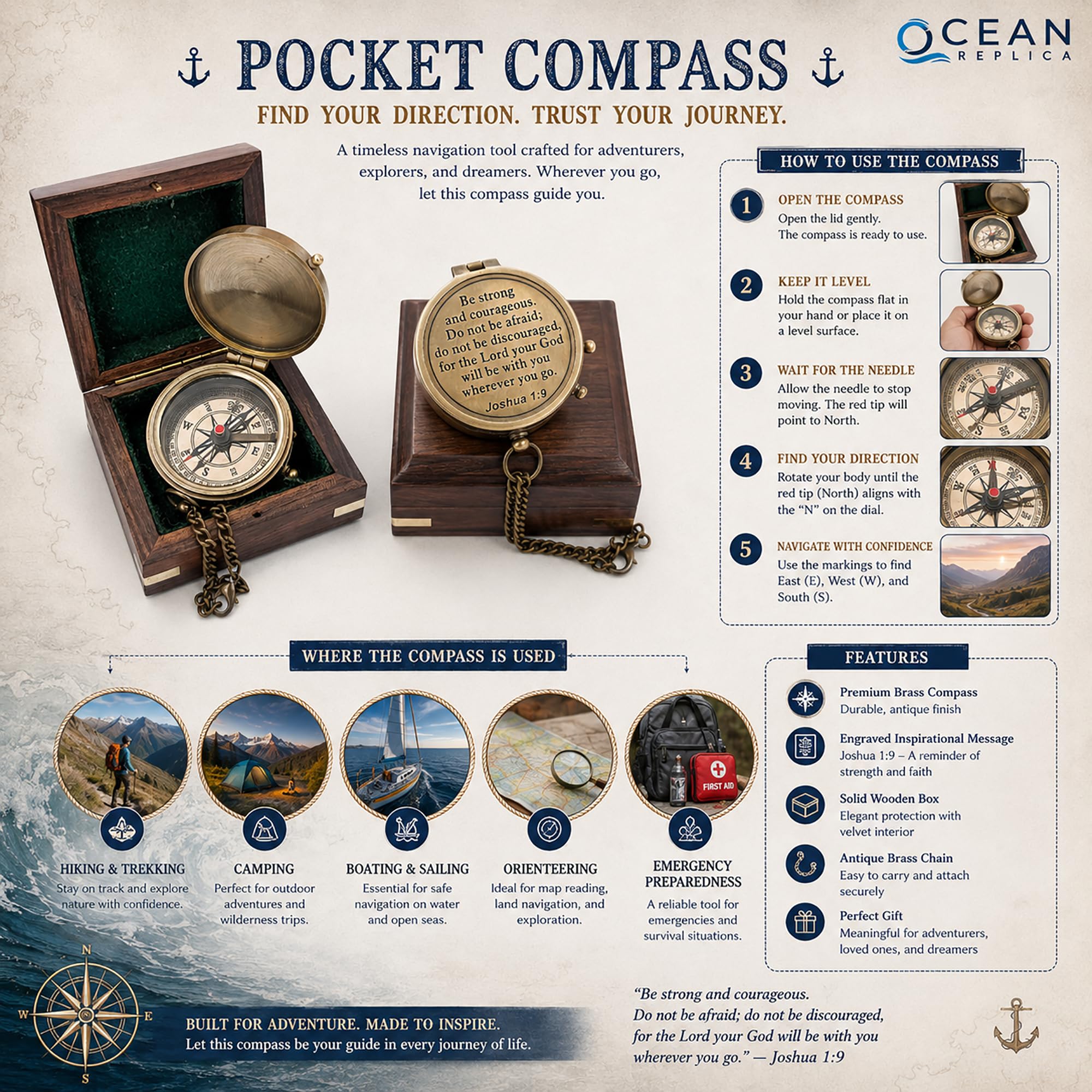 Joshua 1:9 Compass, Wooden Box view 5