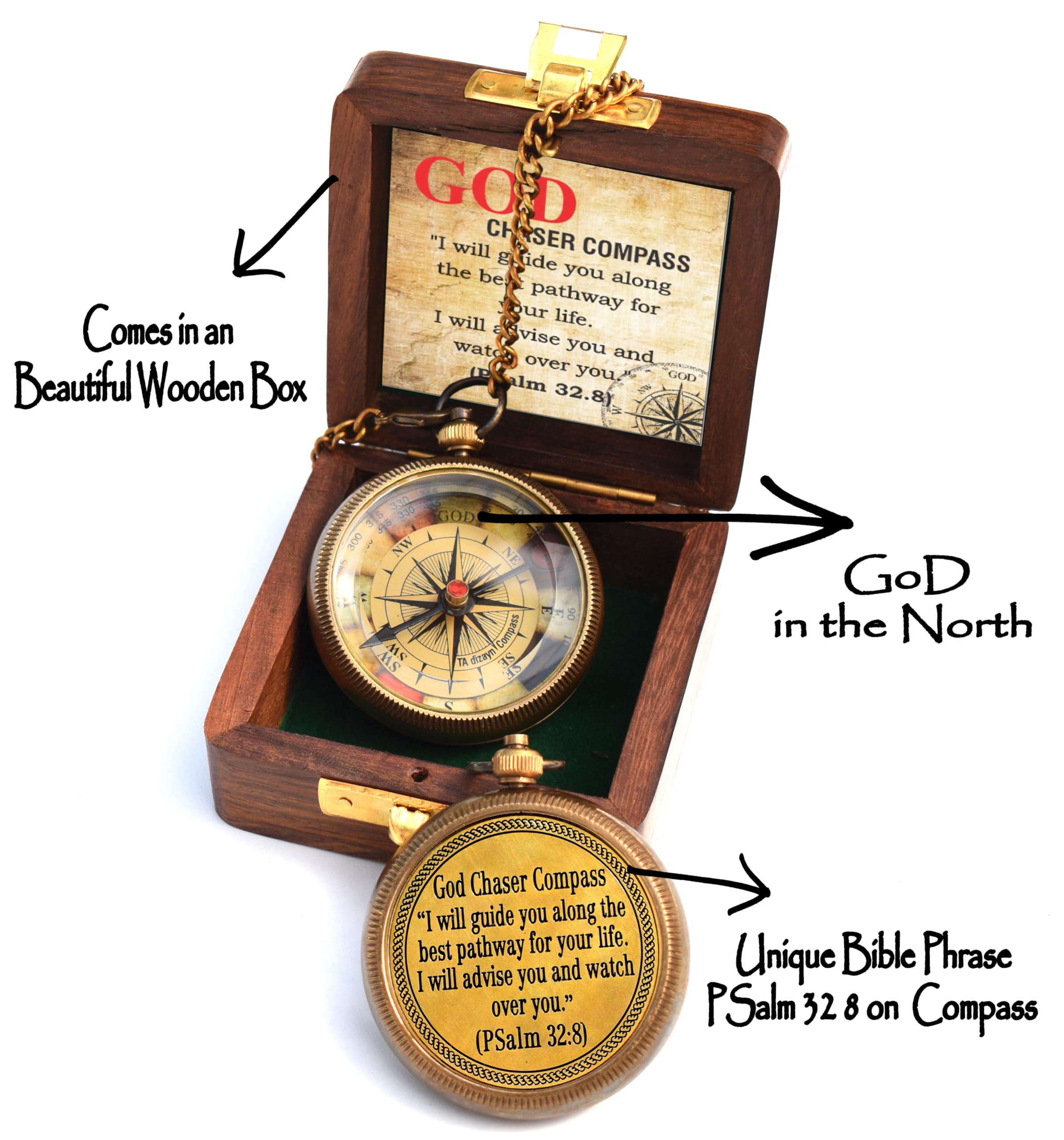 Psalm 32:8 Compass, Wooden Box view 3