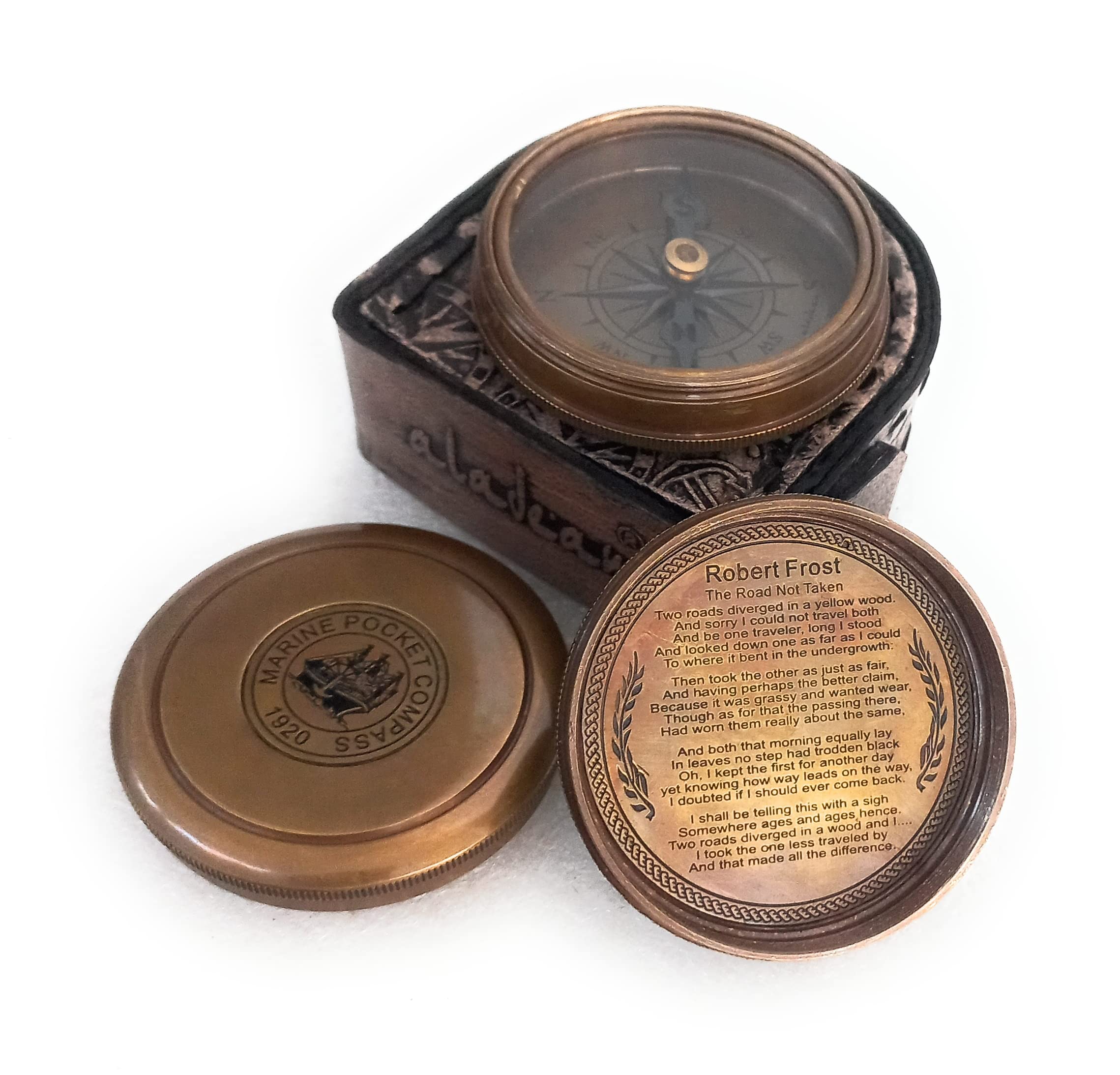 Robert Frost Quote Compass, Leather Case view 3