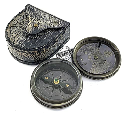Black Antique Finish Compass, Leather Case view 2
