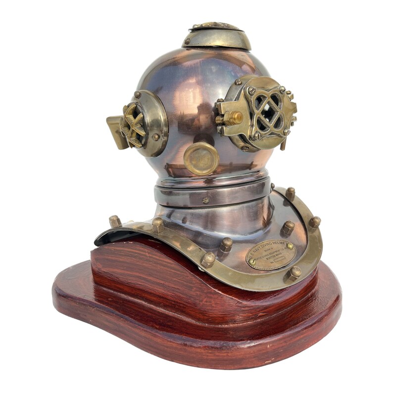 Antique Brass Diving Helmet Miniature with Wooden Base view 2