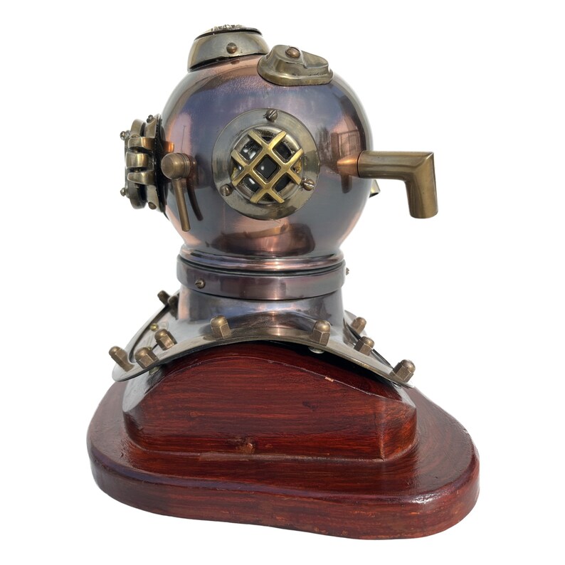 Antique Brass Diving Helmet Miniature with Wooden Base view 4