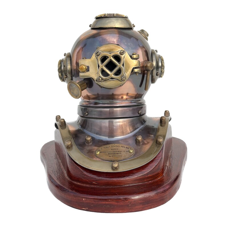 Antique Brass Diving Helmet Miniature with Wooden Base view 7