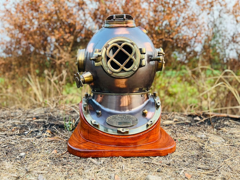 Mark V Diving Helmet with Reddish Brown Finish and Wooden Base view 2