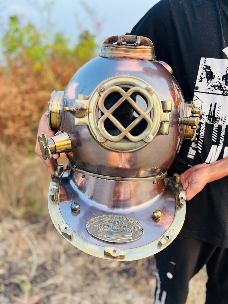Mark V Diving Helmet with Reddish Brown Finish and Wooden Base view 3